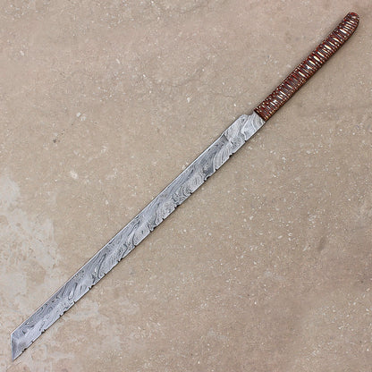 28" Hand Forged Damascus Steel Full Tang Machete Knife Outdoor Hunting Knife With Leather Sheath - propswords