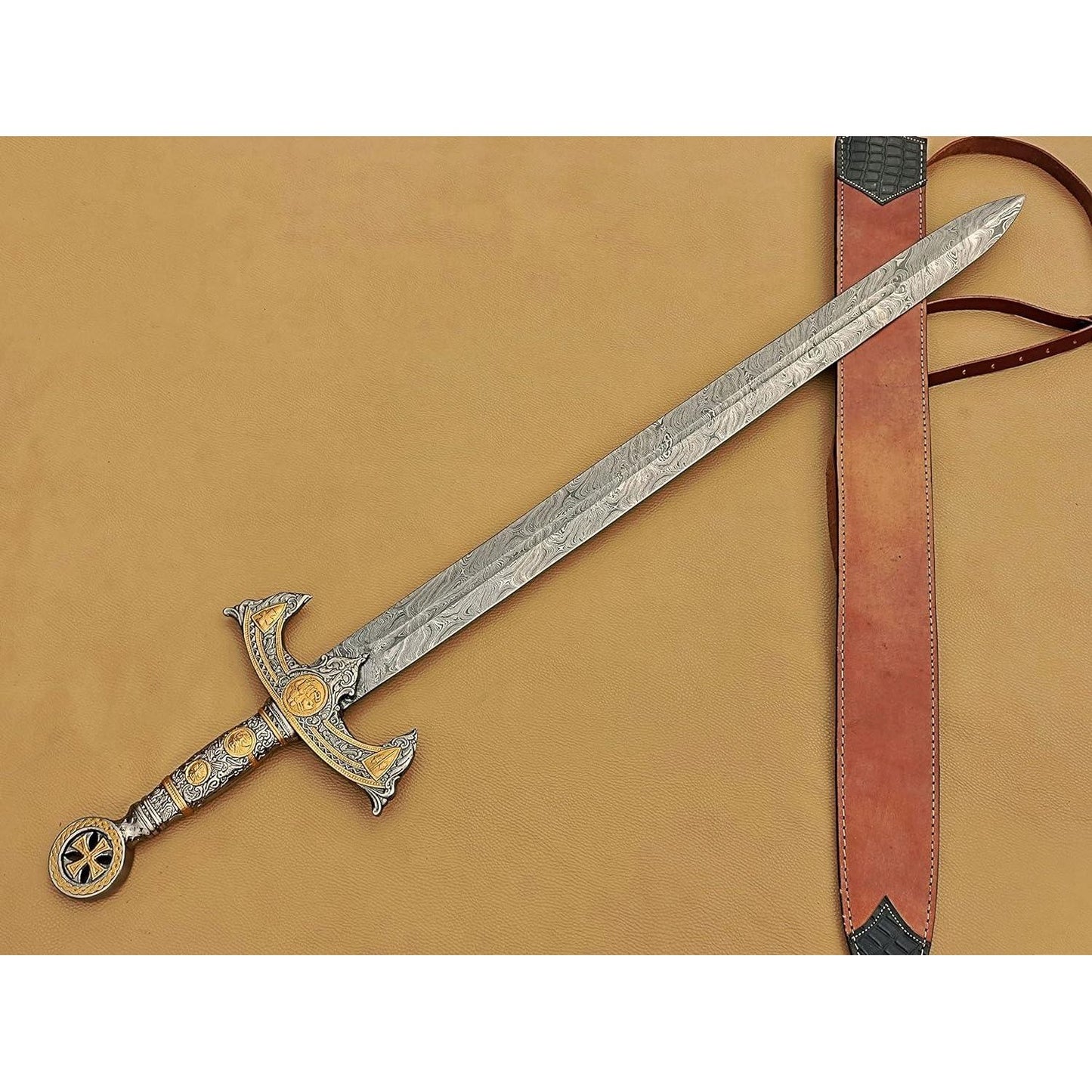 Handmade Medieval Templar Knigths Sword/Scared Holy Damascus Longsword Sword with Leather Sheath - propswords