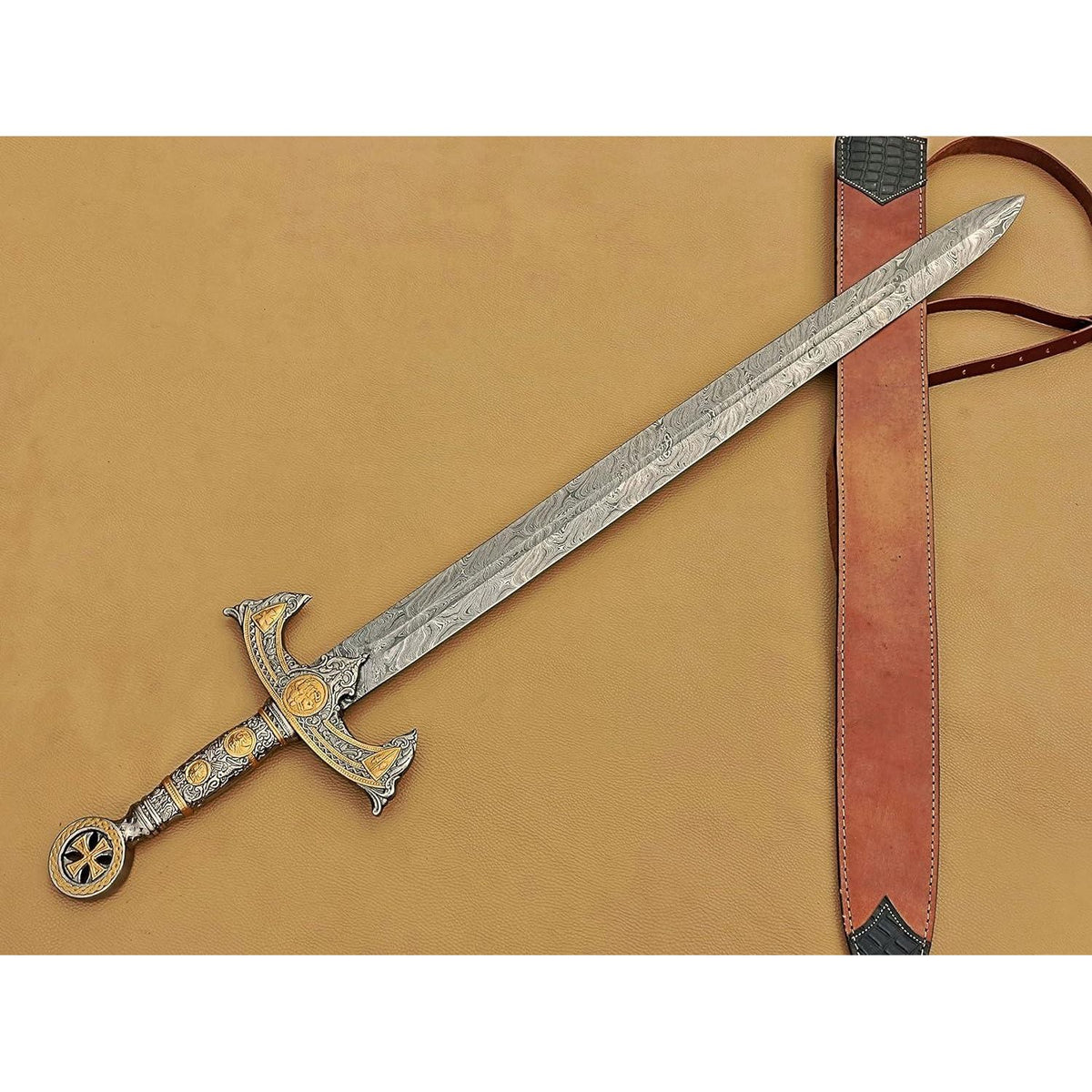 Handmade Medieval Templar Knigths Sword/Scared Holy Damascus Longsword Sword with Leather Sheath - propswords
