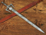 Damascus Steel Medieval Barbarian Sword, Hand Forged Damascus Steel Double Edge Blade with Leather Sheath - propswords