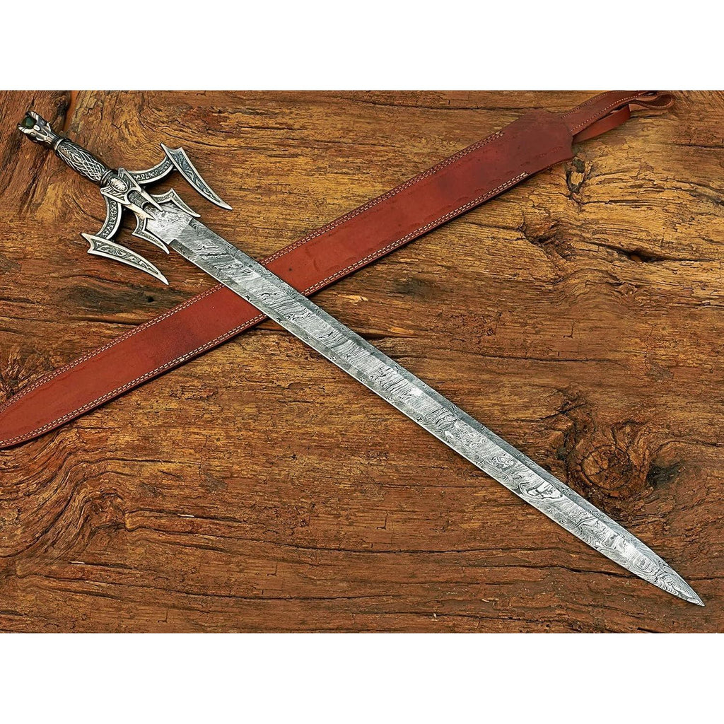 Damascus Steel Medieval Barbarian Sword, Hand Forged Damascus Steel Double Edge Blade with Leather Sheath - propswords