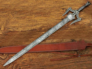 Damascus Steel Medieval Barbarian Sword, Hand Forged Damascus Steel Double Edge Blade with Leather Sheath - propswords