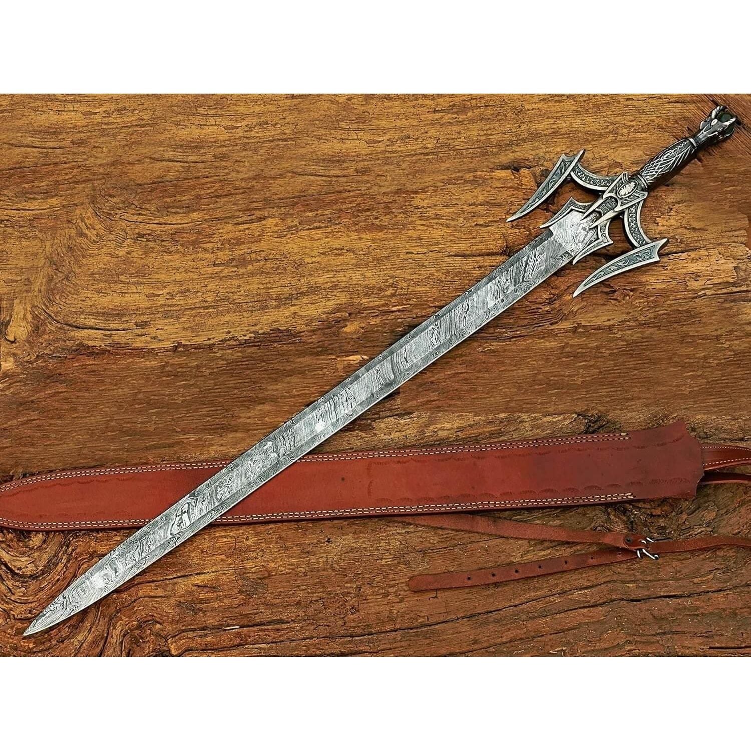 Damascus Steel Medieval Barbarian Sword, Hand Forged Damascus Steel Double Edge Blade with Leather Sheath - propswords