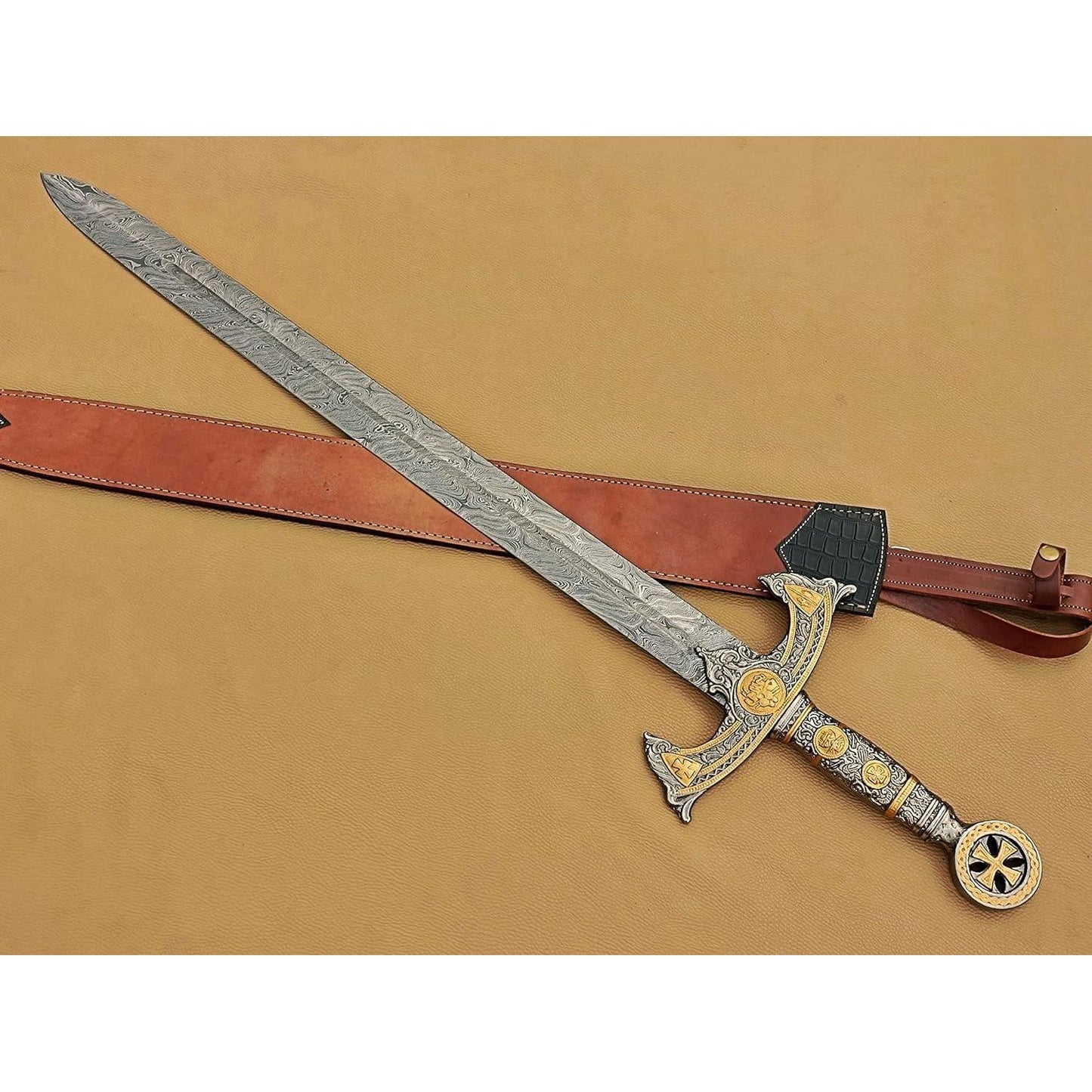 Handmade Medieval Templar Knigths Sword/Scared Holy Damascus Longsword Sword with Leather Sheath - propswords