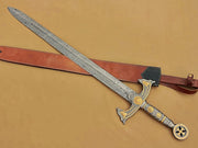 Handmade Medieval Templar Knigths Sword/Scared Holy Damascus Longsword Sword with Leather Sheath