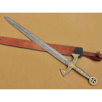 Handmade Medieval Templar Knigths Sword/Scared Holy Damascus Longsword Sword with Leather Sheath - propswords