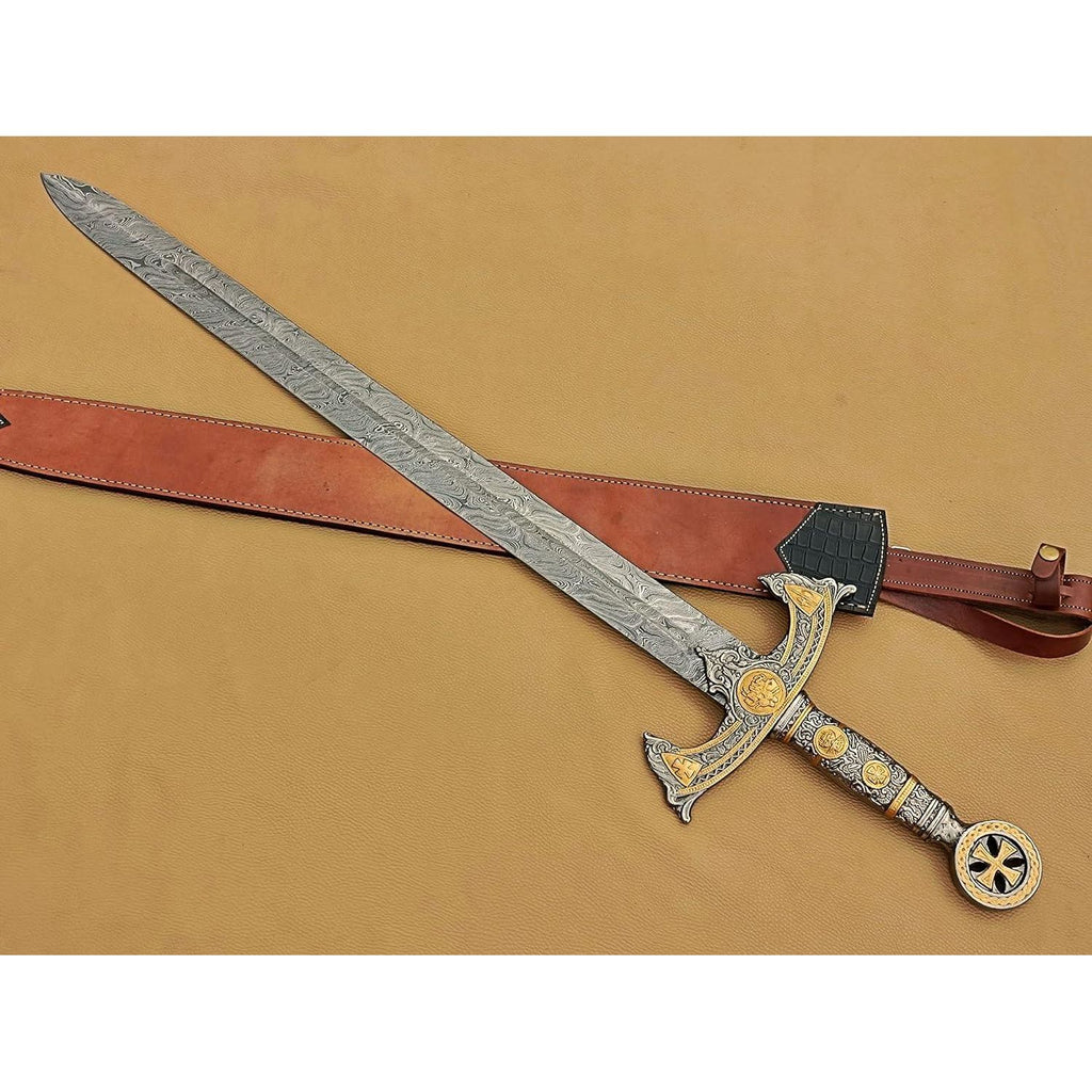 Handmade Medieval Templar Knigths Sword/Scared Holy Damascus Longsword Sword with Leather Sheath - propswords