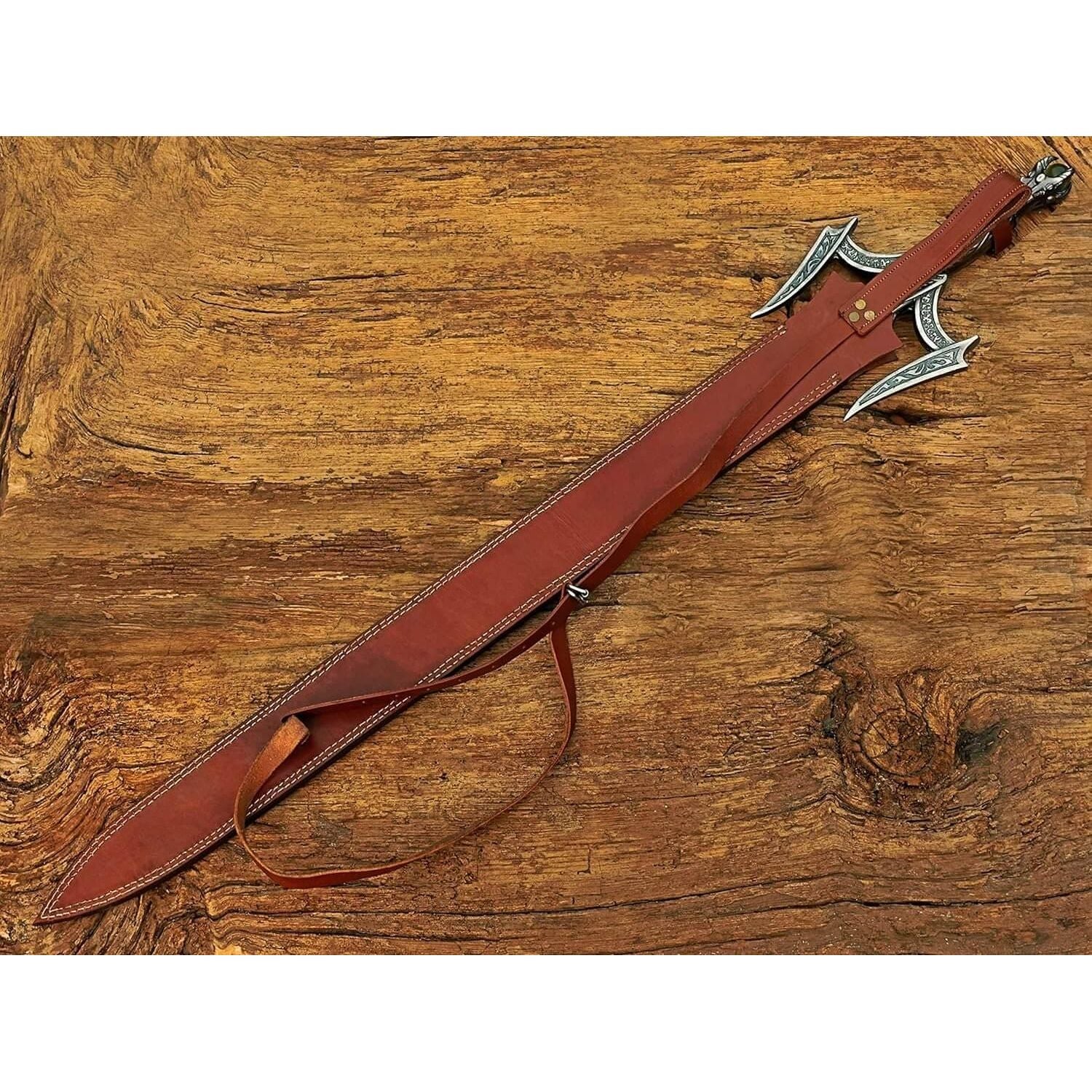 Damascus Steel Medieval Barbarian Sword, Hand Forged Damascus Steel Double Edge Blade with Leather Sheath - propswords