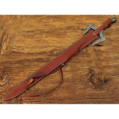 Damascus Steel Medieval Barbarian Sword, Hand Forged Damascus Steel Double Edge Blade with Leather Sheath - propswords
