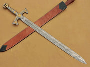 Handmade Medieval Templar Knigths Sword/Scared Holy Damascus Longsword Sword with Leather Sheath