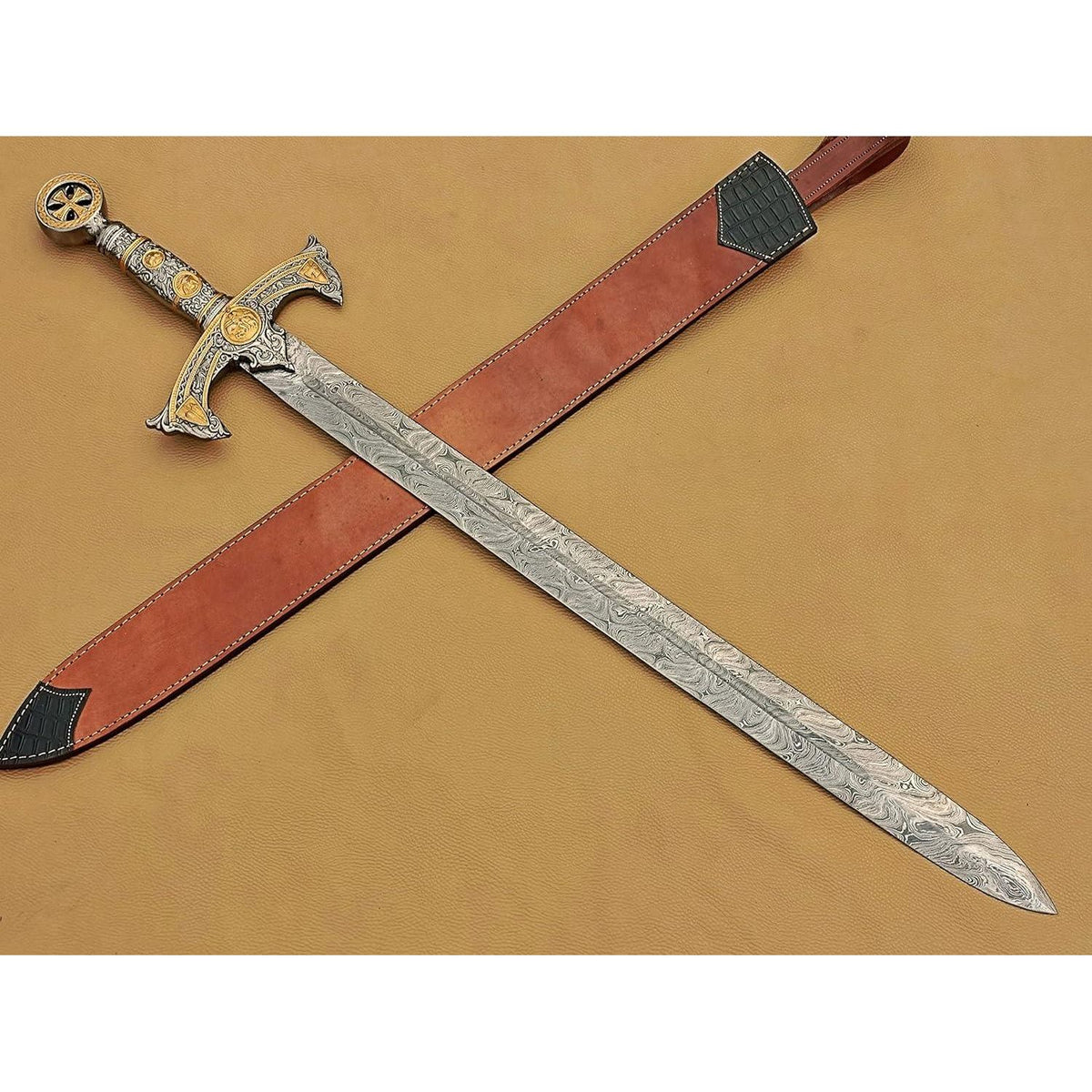Handmade Medieval Templar Knigths Sword/Scared Holy Damascus Longsword Sword with Leather Sheath - propswords