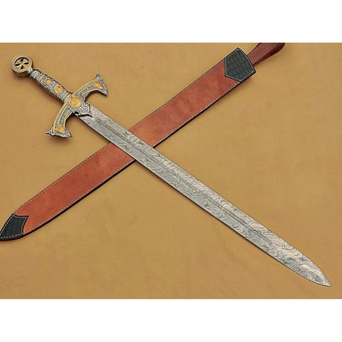Handmade Medieval Templar Knigths Sword/Scared Holy Damascus Longsword Sword with Leather Sheath - propswords