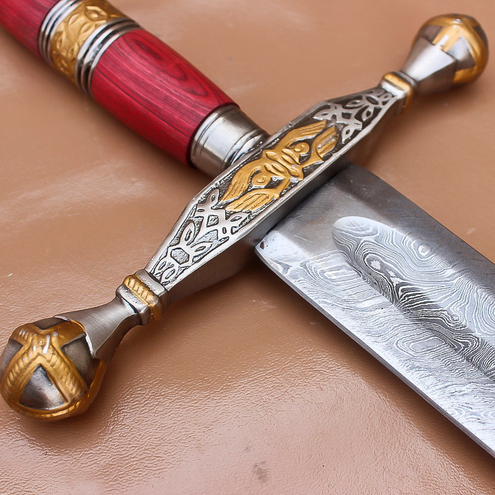 40" Custom Damascus Steel Rat-Tail Football Sword With Leather Sheath - propswords