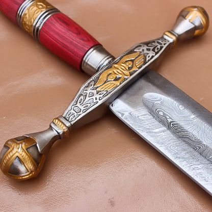 40" Custom Damascus Steel Rat-Tail Football Sword With Leather Sheath - propswords