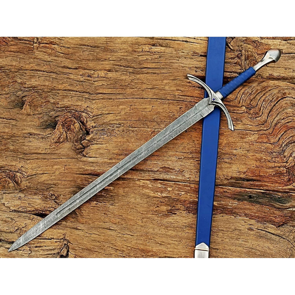 Damascus Steel glamdring Sword, Foe Hammer Sword Handmade Medieval Sword with Leather Sheath - propswords