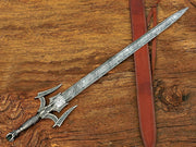 Damascus Steel Medieval Barbarian Sword, Hand Forged Damascus Steel Double Edge Blade with Leather Sheath - propswords