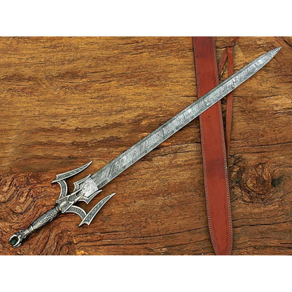 Damascus Steel Medieval Barbarian Sword, Hand Forged Damascus Steel Double Edge Blade with Leather Sheath - propswords
