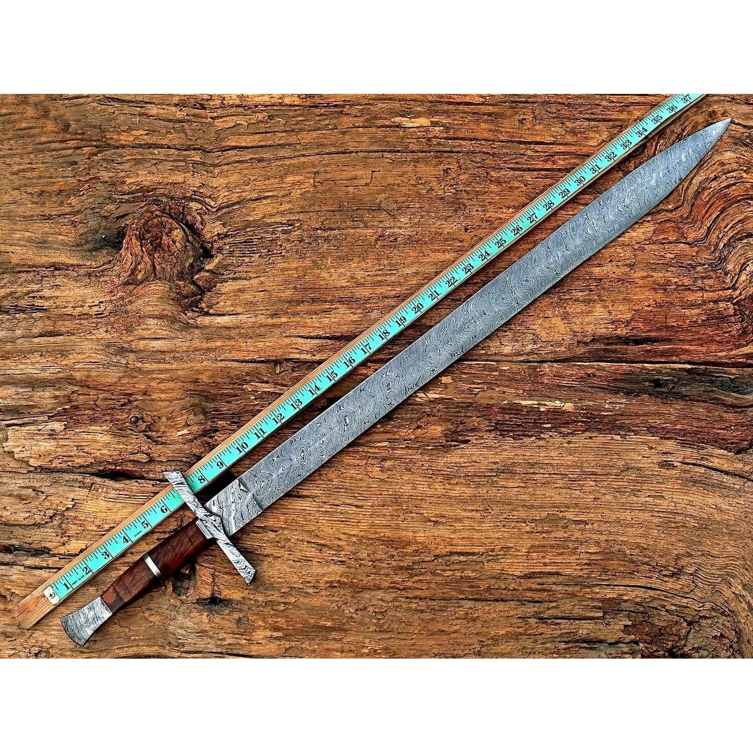 Handmade Viking Sword, Damascus Steel Medieval Sword with Leather Sheath,29" Inches Double Edge Blade - propswords