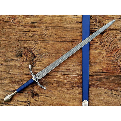 Damascus Steel glamdring Sword, Foe Hammer Sword Handmade Medieval Sword with Leather Sheath - propswords