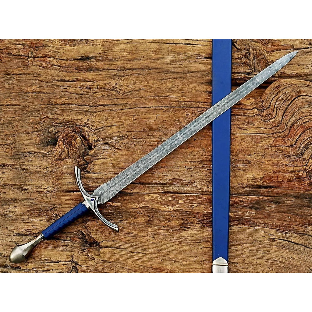 Damascus Steel glamdring Sword, Foe Hammer Sword Handmade Medieval Sword with Leather Sheath - propswords