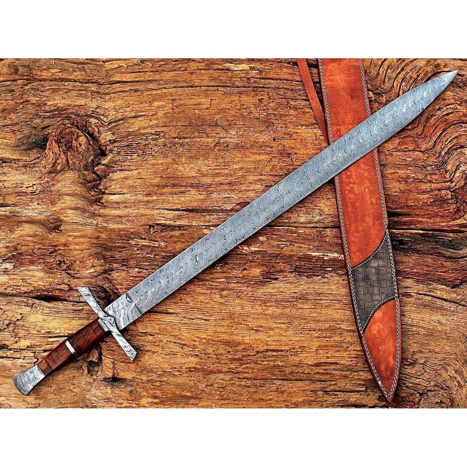 Handmade Viking Sword, Damascus Steel Medieval Sword with Leather Sheath,29" Inches Double Edge Blade - propswords