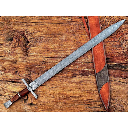 Handmade Viking Sword, Damascus Steel Medieval Sword with Leather Sheath,29" Inches Double Edge Blade - propswords