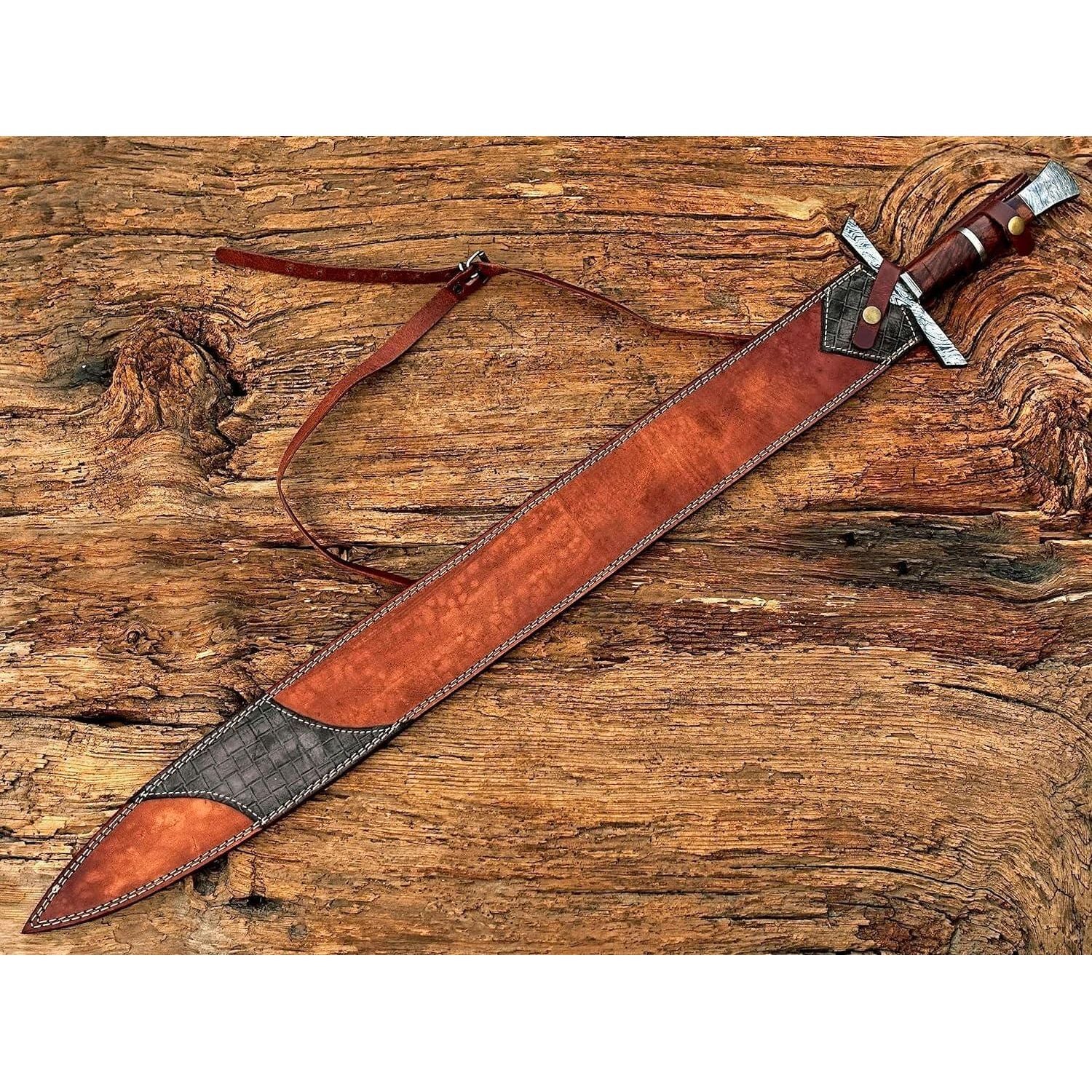 Handmade Viking Sword, Damascus Steel Medieval Sword with Leather Sheath,29" Inches Double Edge Blade - propswords