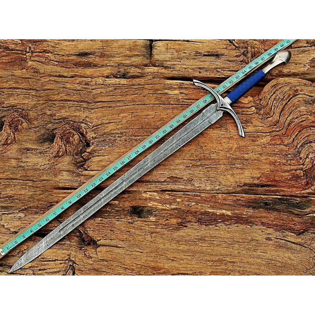 Damascus Steel glamdring Sword, Foe Hammer Sword Handmade Medieval Sword with Leather Sheath - propswords