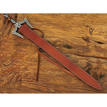 Damascus Steel Medieval Barbarian Sword, Hand Forged Damascus Steel Double Edge Blade with Leather Sheath - propswords