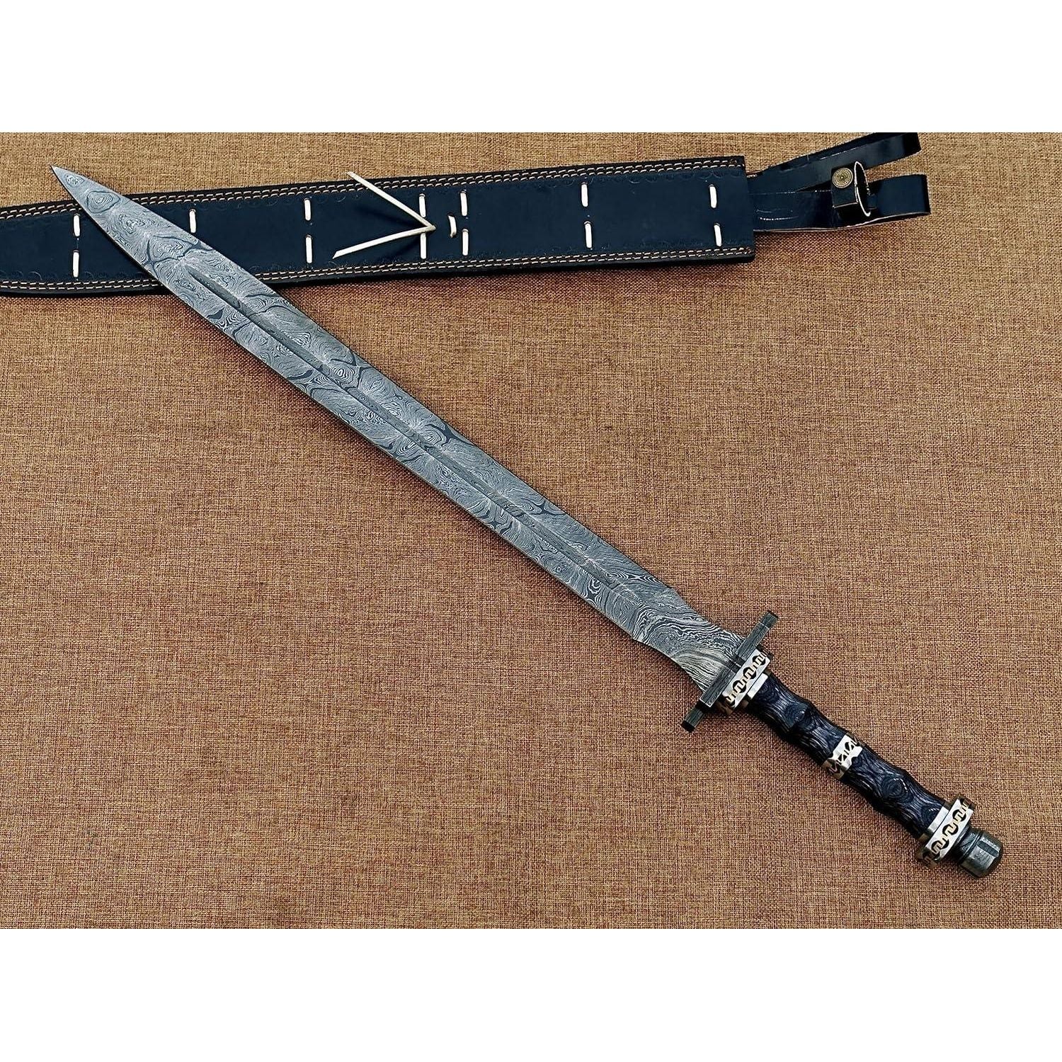 Hand Forged Damascus Steel Viking Sword, Handmade Medieval Sword with Leather Sheath - propswords