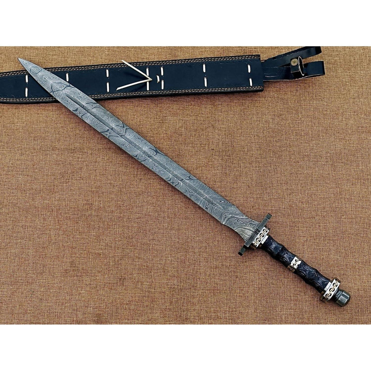 Hand Forged Damascus Steel Viking Sword, Handmade Medieval Sword with Leather Sheath - propswords