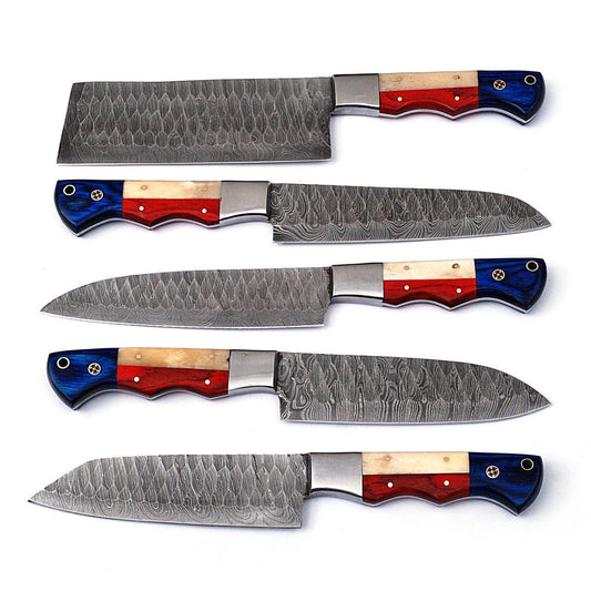Professional Forged Damascus Chef Knife Set of 5 | Scalloped Blades Custom Made Cooking Kitchen Prep - propswords