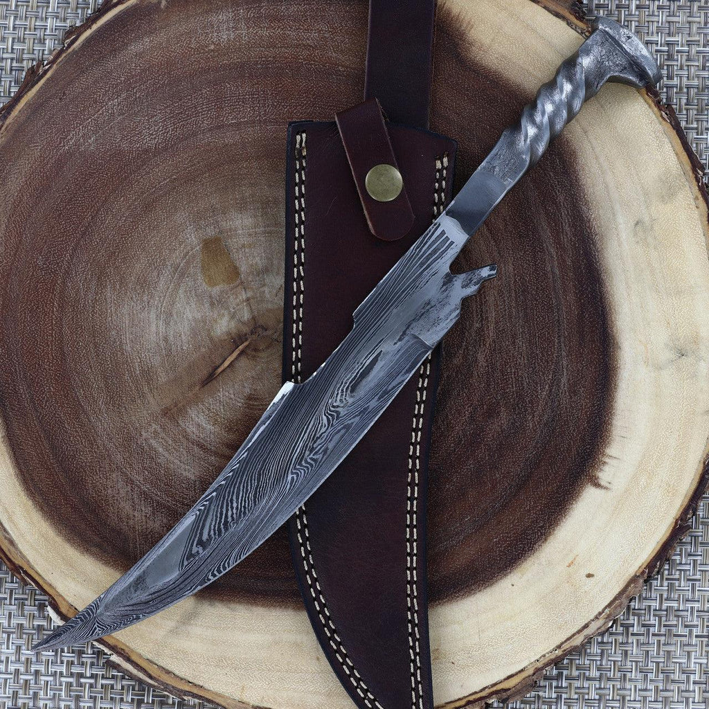 Damascus Steel Collectable Railroad Spike Knife | Locomotive Spike Knife with Leather Sheath - propswords