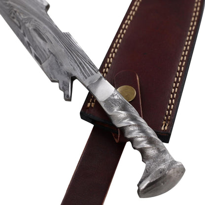 Damascus Steel Collectable Railroad Spike Knife | Locomotive Spike Knife with Leather Sheath - propswords
