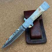 8.25" Damascus Steel Custom Handmade Folding Pocket Knife Stag Handle - propswords