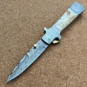 8.25" Damascus Steel Custom Handmade Folding Pocket Knife Stag Handle - propswords