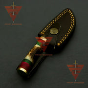 Exquisite Handcrafted Damascus Steel Stag Horn Knife with Custom Enchanting Bolster Handle and Personalized Leather Sheath: Perfect Gift for Dad, Ideal for Hunting - propswords