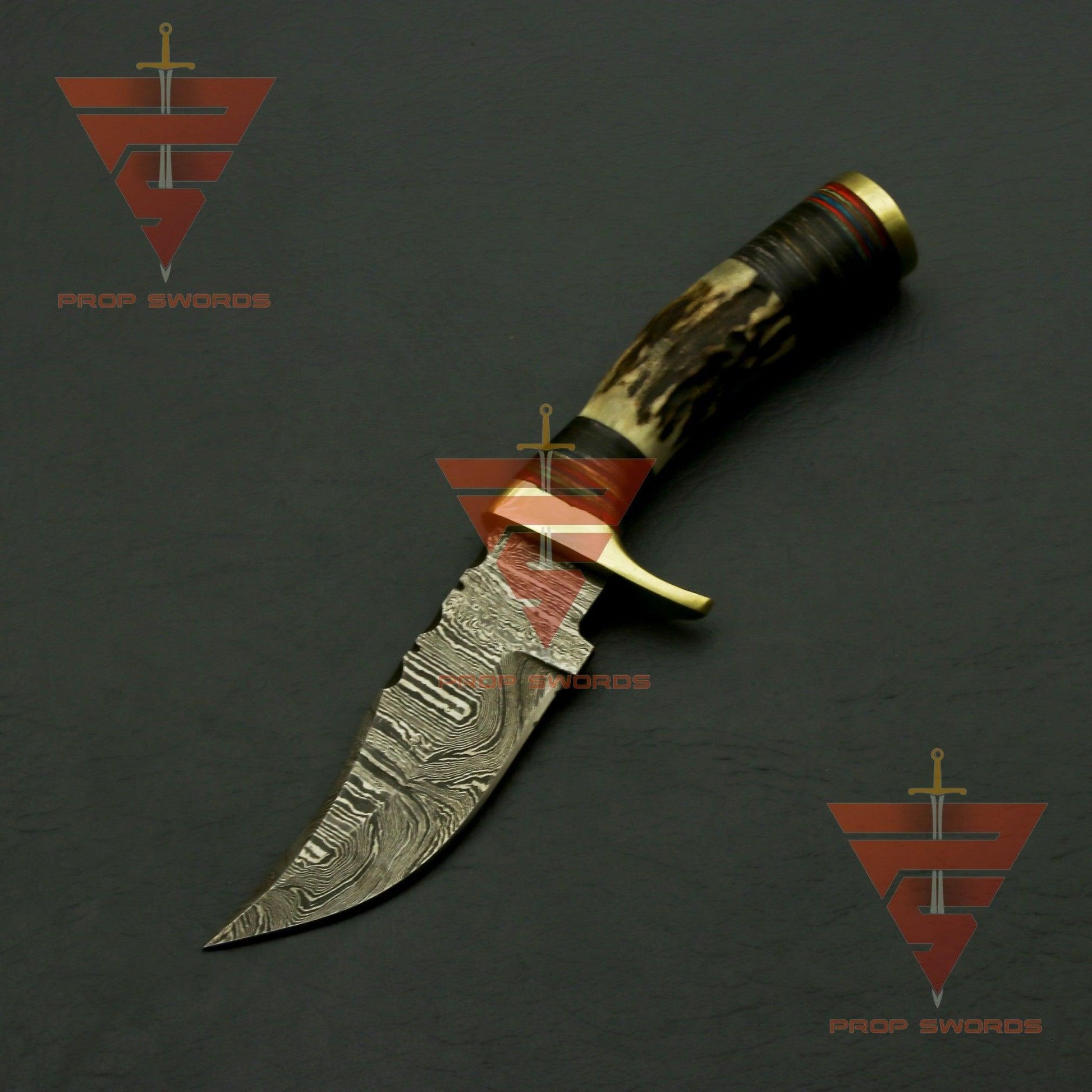 Handcrafted Damascus Steel Stag Horn Knife with Custom Engraving, Enchanting Bolster Handle, and Bespoke Leather Sheath - Ideal Father's Day Gift and Ultimate Hunting Companion - propswords