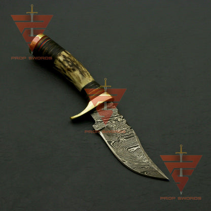 Handcrafted Damascus Steel Stag Horn Knife with Custom Engraving, Enchanting Bolster Handle, and Bespoke Leather Sheath - Ideal Father's Day Gift and Ultimate Hunting Companion - propswords