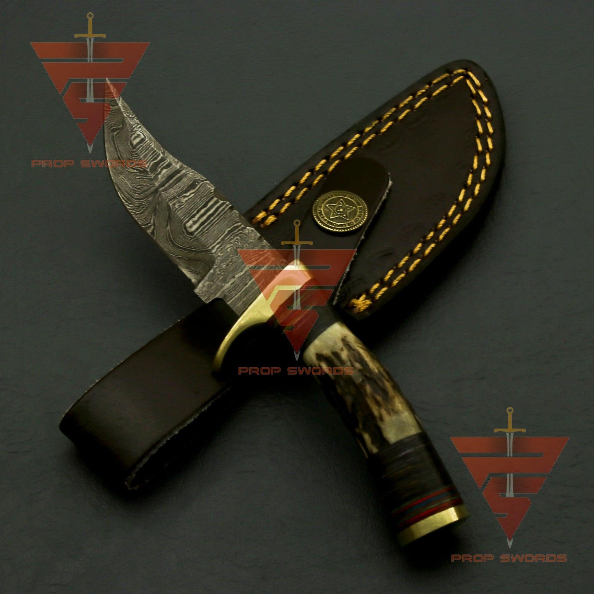 Handcrafted Damascus Steel Stag Horn Knife with Custom Engraving, Enchanting Bolster Handle, and Bespoke Leather Sheath - Ideal Father's Day Gift and Ultimate Hunting Companion - propswords
