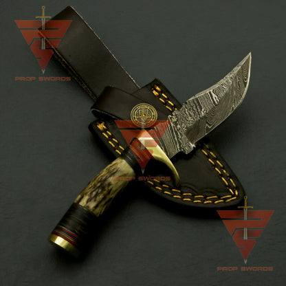 Handcrafted Damascus Steel Stag Horn Knife with Custom Engraving, Enchanting Bolster Handle, and Bespoke Leather Sheath - Ideal Father's Day Gift and Ultimate Hunting Companion - propswords