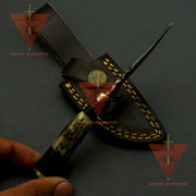 Handcrafted Damascus Steel Stag Horn Knife with Custom Engraving, Enchanting Bolster Handle, and Bespoke Leather Sheath - Ideal Father's Day Gift and Ultimate Hunting Companion - propswords