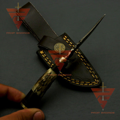 Handcrafted Damascus Steel Stag Horn Knife with Custom Engraving, Enchanting Bolster Handle, and Bespoke Leather Sheath - Ideal Father's Day Gift and Ultimate Hunting Companion - propswords