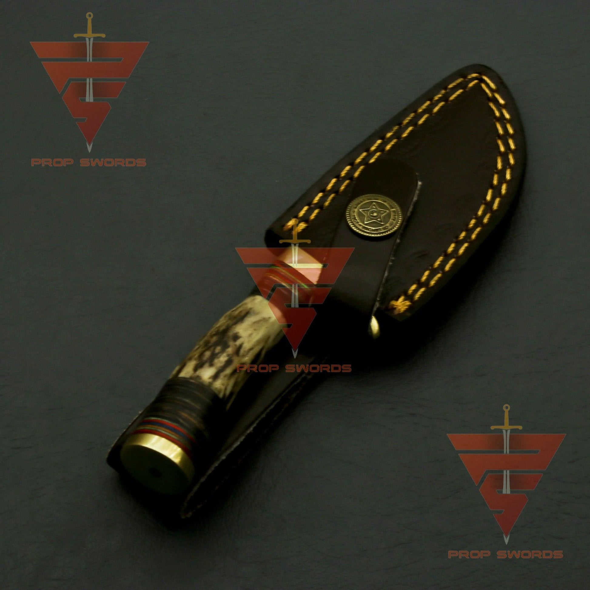 Handcrafted Damascus Steel Stag Horn Knife with Custom Engraving, Enchanting Bolster Handle, and Bespoke Leather Sheath - Ideal Father's Day Gift and Ultimate Hunting Companion - propswords
