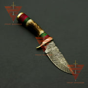Exquisite Handcrafted Damascus Steel Stag Horn Knife with Custom Enchanting Bolster Handle and Personalized Leather Sheath: Perfect Gift for Dad, Ideal for Hunting