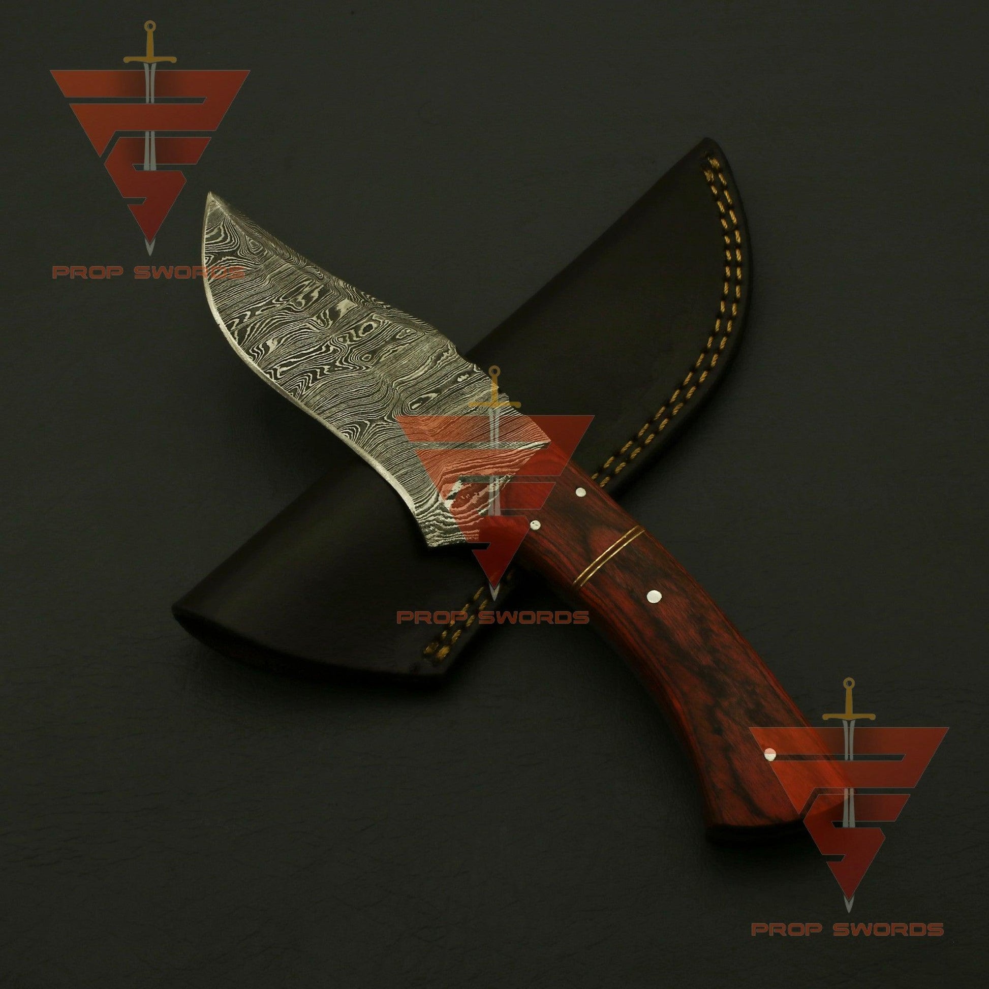 Customized Damascus Steel Hunting Knife: Personalized Handle and Guard Design, Enhanced with Custom Leather Sheath - Perfect for EDC and Camping Adventures - propswords