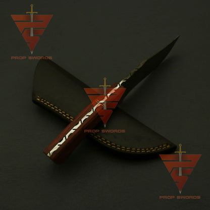 Customized Damascus Steel Hunting Knife: Personalized Handle and Guard Design, Enhanced with Custom Leather Sheath - Perfect for EDC and Camping Adventures - propswords