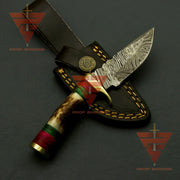 Exquisite Handcrafted Damascus Steel Stag Horn Knife with Custom Enchanting Bolster Handle and Personalized Leather Sheath: Perfect Gift for Dad, Ideal for Hunting