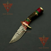 Exquisite Handcrafted Damascus Steel Stag Horn Knife with Custom Enchanting Bolster Handle and Personalized Leather Sheath: Perfect Gift for Dad, Ideal for Hunting