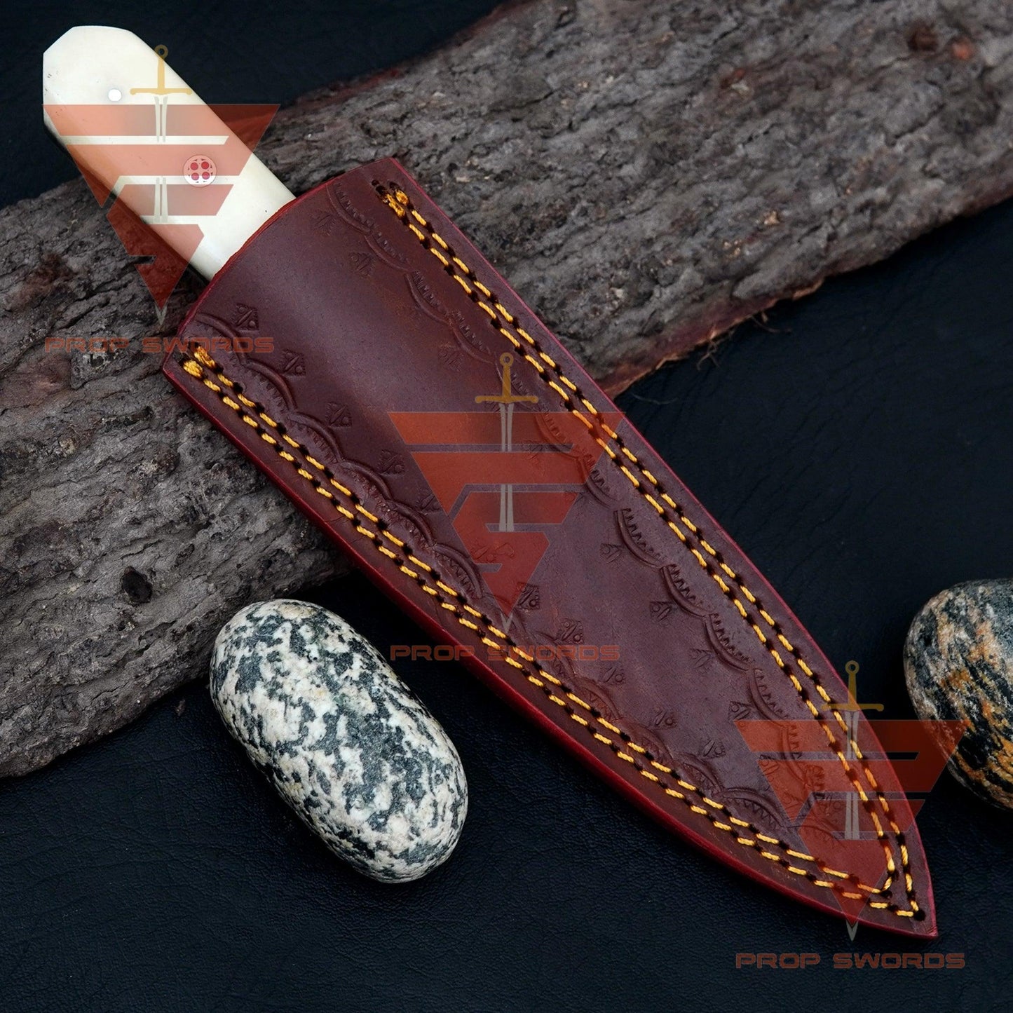 Personalized Hand-Forged Damascus Steel Hunting Skinner Knife with Camel Bone Handle and Leather Sheath - Collector's Edition - propswords